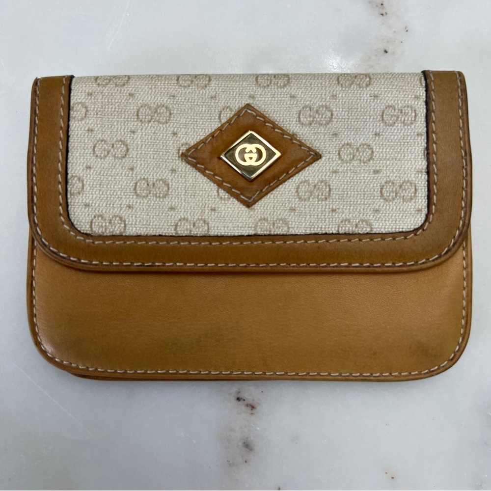 Gucci Micro GG Tan Leather & Cream Canvas Card Holder Wallet